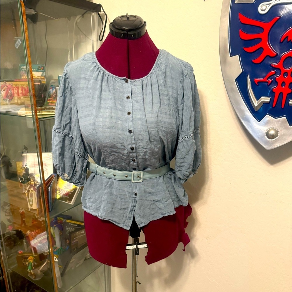 Knox Rose Dusty Blue Button-Front Blouse - Size Large